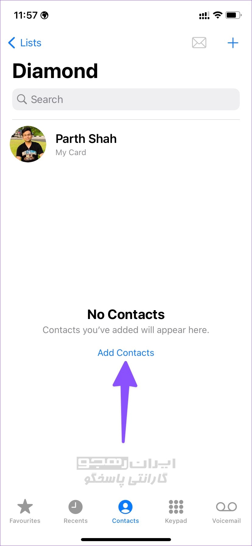 روی لیست ضربه بزنید و «Add Contacts» را انتخاب نمایید.